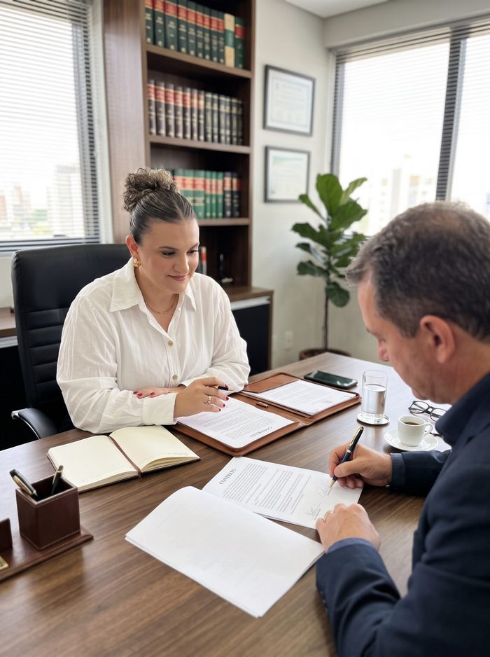 Advogada e cliente analisando contrato no escritório