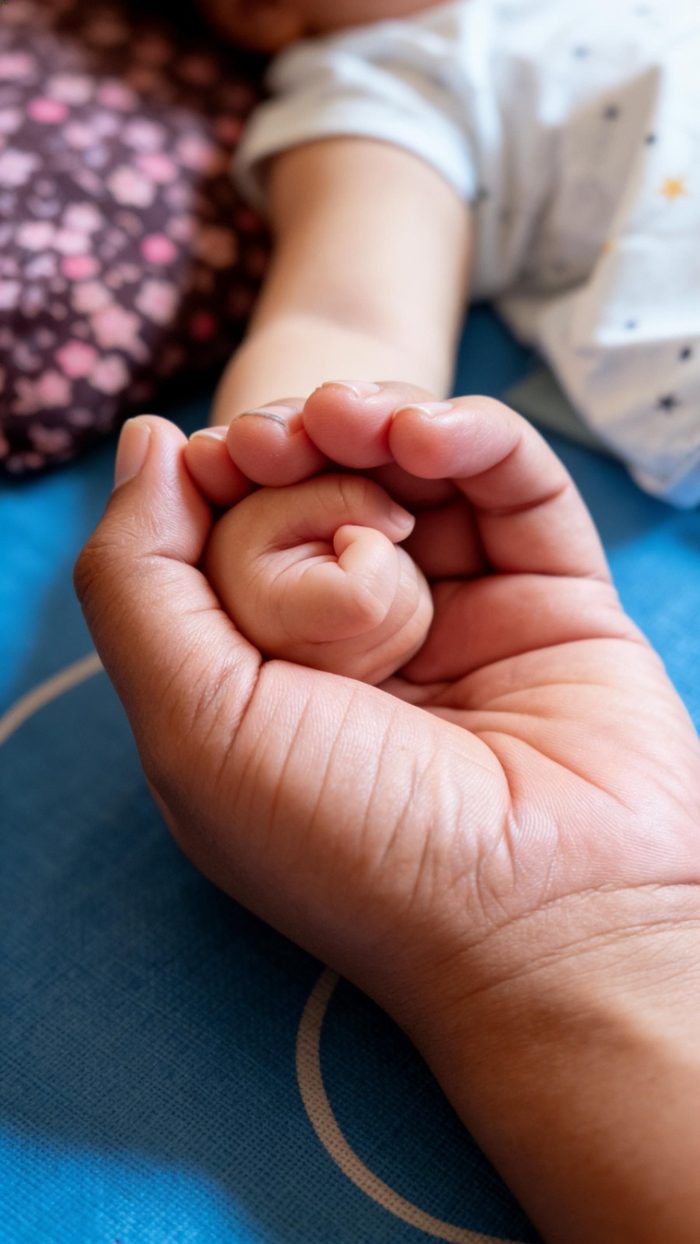 Mão de bebê segurando o dedo da mãe